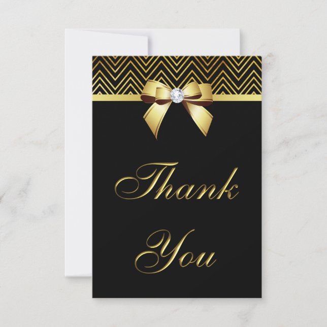 Chic Black Gold Chevrons Diamond Bow Thank You (Front)