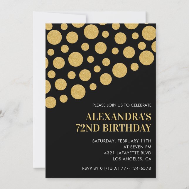 Chic Black Gold Confetti 72nd birthday Invitation (Front)