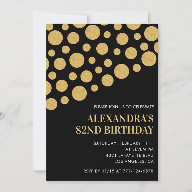 Chic Black Gold Confetti 82nd birthday Invitation (Front)