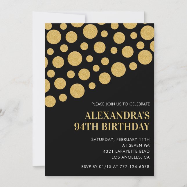 Chic Black Gold Confetti 94th birthday Invitation (Front)