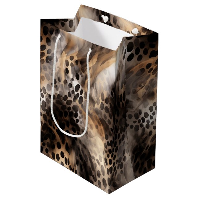 Chic Black Gold Cream Leopard Animal Print Medium Gift Bag (Front Angled)