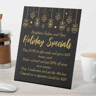 Chic Black Gold Custom Business Holiday Specials Pedestal Sign
