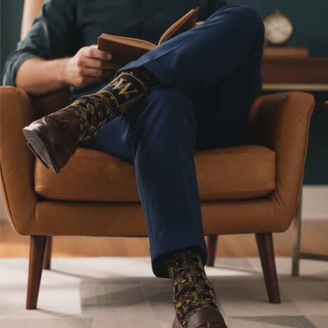 Chic Black & Gold Damask Floral Pattern Monogram Socks (Creator Uploaded)