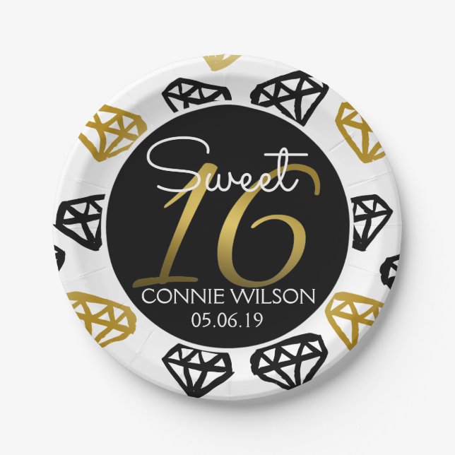 Chic Black & Gold Diamond 16th Birthday Custom Paper Plate (Front)