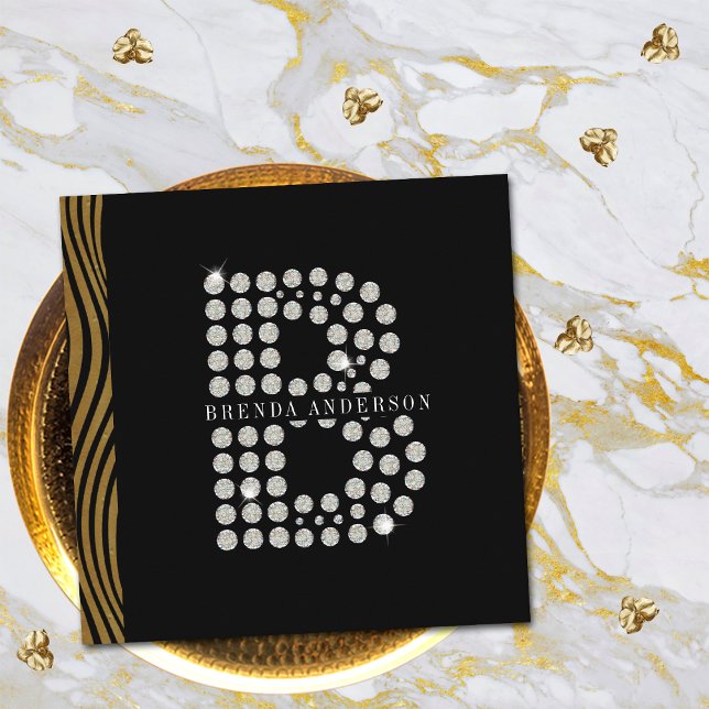 Chic Black Gold Diamond Initial B Monogram QR Code Square Business Card (Front)