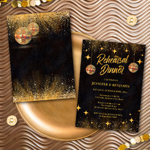 Chic Black Gold Disco Ball Rehearsal Dinner Invitation