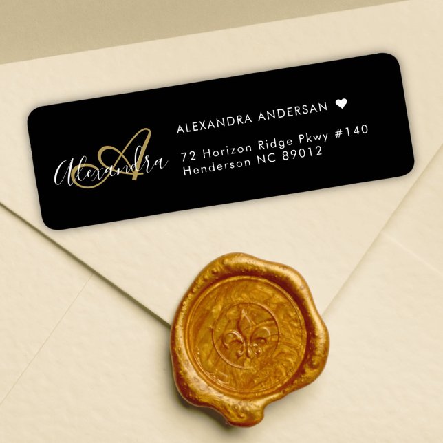 Chic Black Gold Elegant Monogramme Adresse de reto (Chic Black Gold Elegant Monogram Return Address Label)