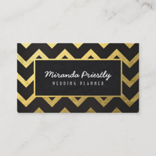 Chic Black Gold Foil Chevron Wave Stripes Pattern Business Card