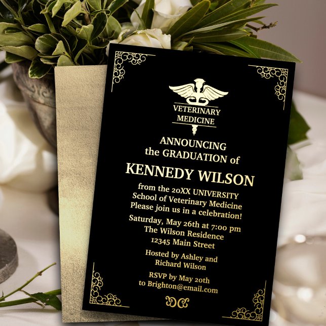 Chic Black Gold foil Veterinary Medicine  (Chic Black Gold foil Veterinary Medicine Foil Invitation #zazzlemade #goldfoil#realgoldfoil#graduate)