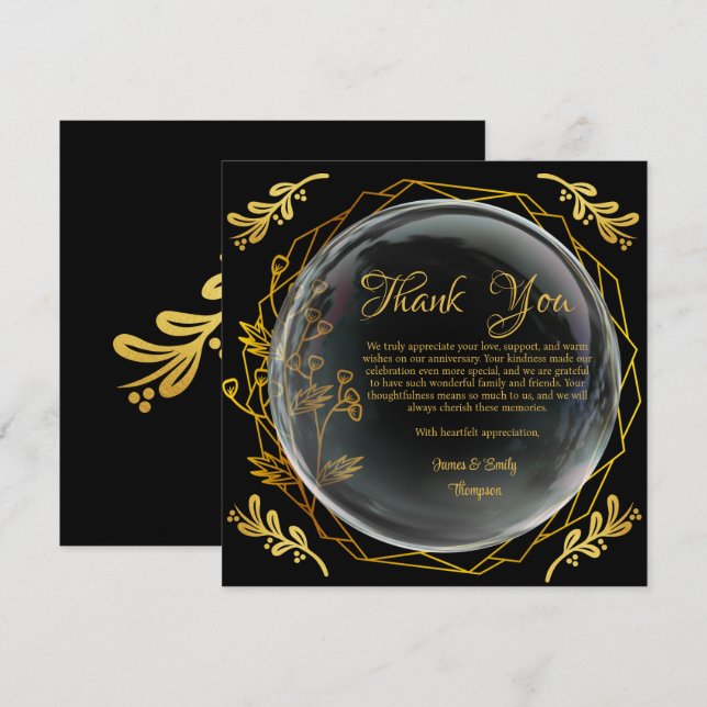 Chic Black & Gold Foral Wedding Anniversary Style  Thank You Card (Front/Back)