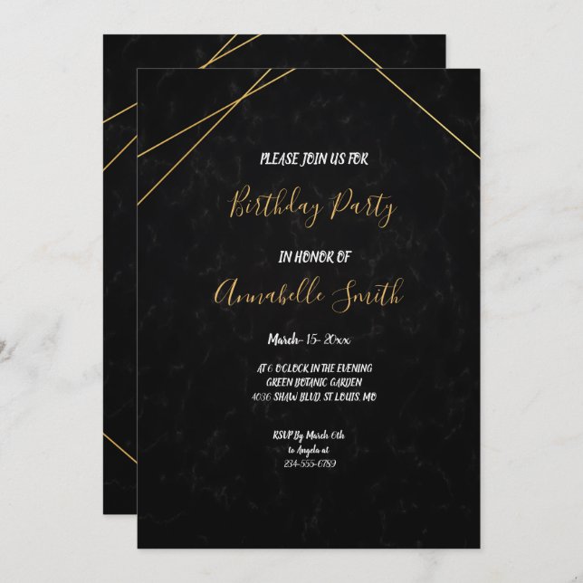 Chic Black & Gold Geometric frame Birthday Party Invitation (Front/Back)