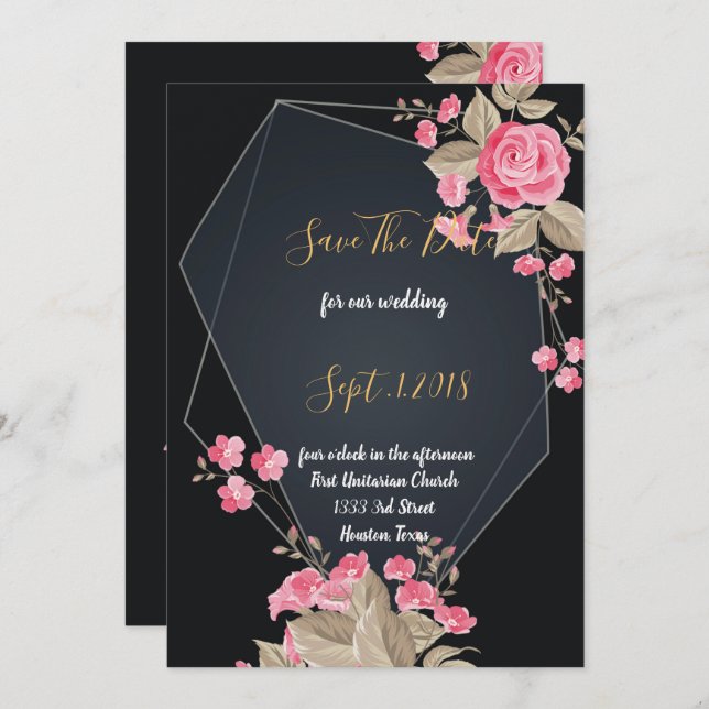 Chic Black & Gold Geometric frame  save the date Invitation (Front/Back)