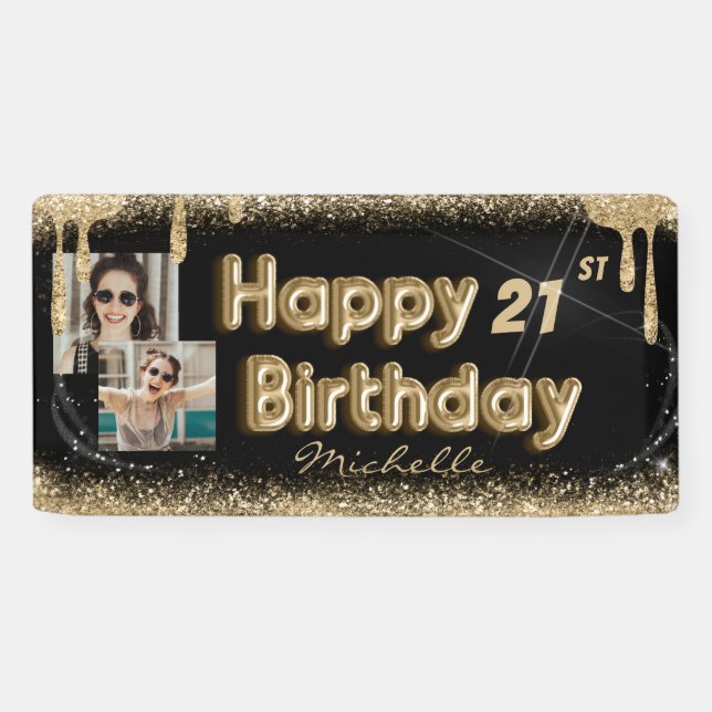 Chic Black & Gold Glitter Any Birthday Banner (Horizontal)