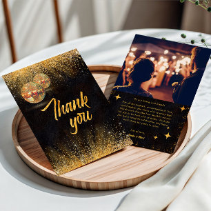 Chic Black Gold Glitter Disco Balls Wedding Photo Thank You Card