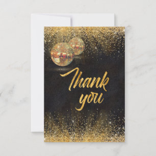 Chic Black Gold Glitter Disco Balls Wedding Photo Thank You Card