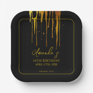 Chic Black & Gold Glitter Drips Sweet 16 Birthday Paper Plate