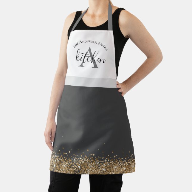 chic black gold glitter monogram name apron (Insitu)
