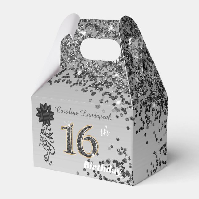 Chic Black Gold Glitter & Ribbon 16th Birthday  Favor Box (Front Side)