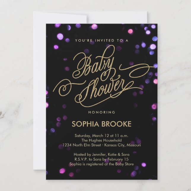 Chic Black & Gold Glitter Script Baby Shower Invitation (Front)