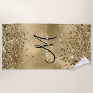 Chic Black Gold Glitters Monogram Name Beach Towel