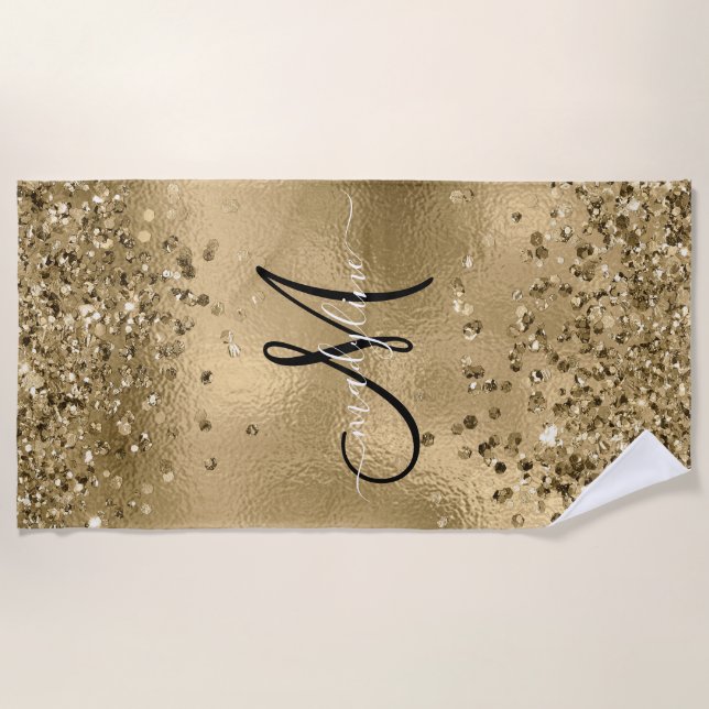 Chic Black Gold Glitters Monogram Name    Beach Towel (Front)