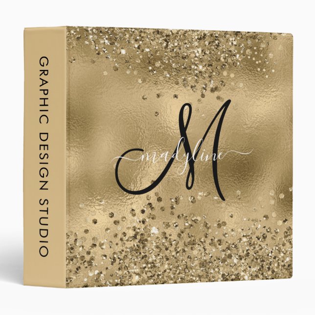 Chic Black Gold Glitters Monogram Name  Binder (Front/Spine)