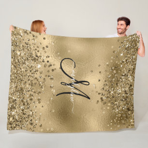 Chic Black Gold Glitters Monogram Name    Fleece Blanket