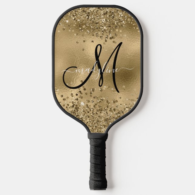 Chic Black Gold Glitters Monogram Name  Pickleball Paddle (Front)