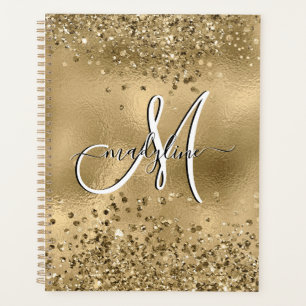 Chic Black Gold Glitters Monogram Name Planner