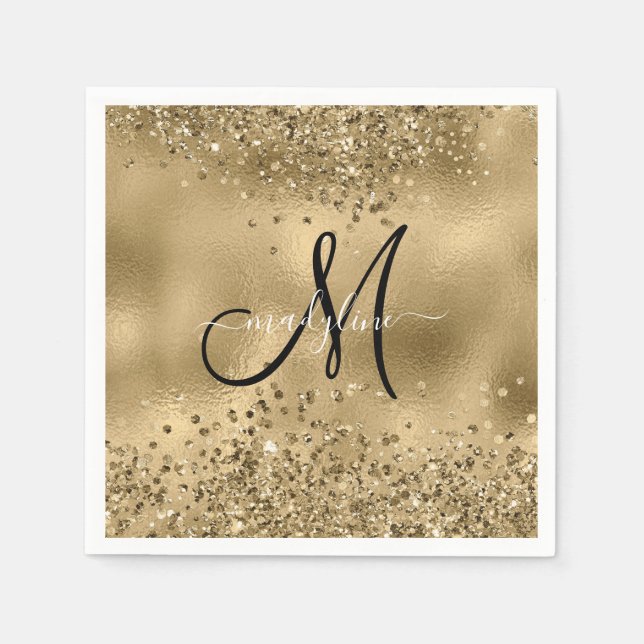 Chic Black Gold Glitters Monogram Name   Planner Napkin (Front)