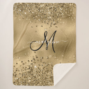 Chic Black Gold Glitters Monogram Name     Sherpa Blanket