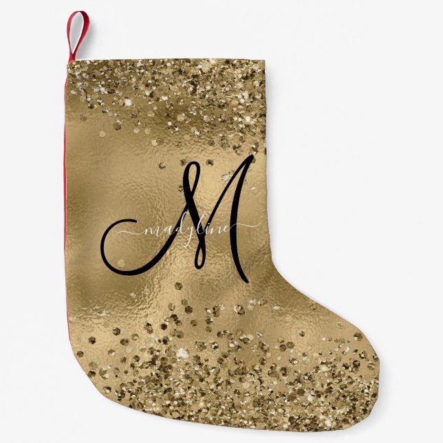 Chic Black Gold Glitters Monogram Name    Small Christmas Stocking (Front)