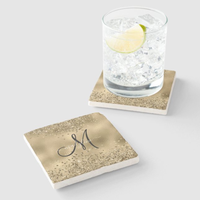 Chic Black Gold Glitters Monogram Name    Stone Coaster (Side)