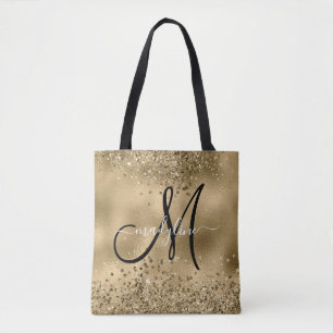 Chic Black Gold Glitters Monogram Name     Tote Bag