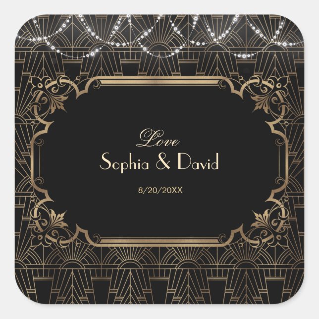 Chic Black Gold Great Art Deco 20s Wedding Square Sticker (Front)