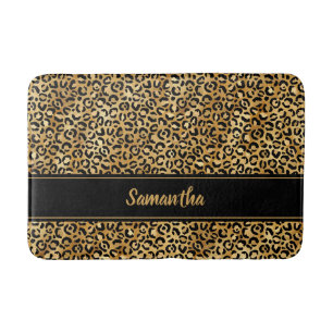 Chic Black Gold Leopard Print Personalized Bath Mat