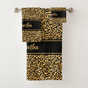 Chic Black Gold Leopard Print Personalized Bath Towel Set