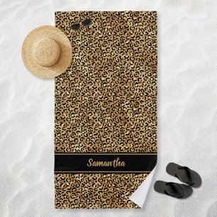 Chic Black Gold Leopard Print Personalized Beach Towel