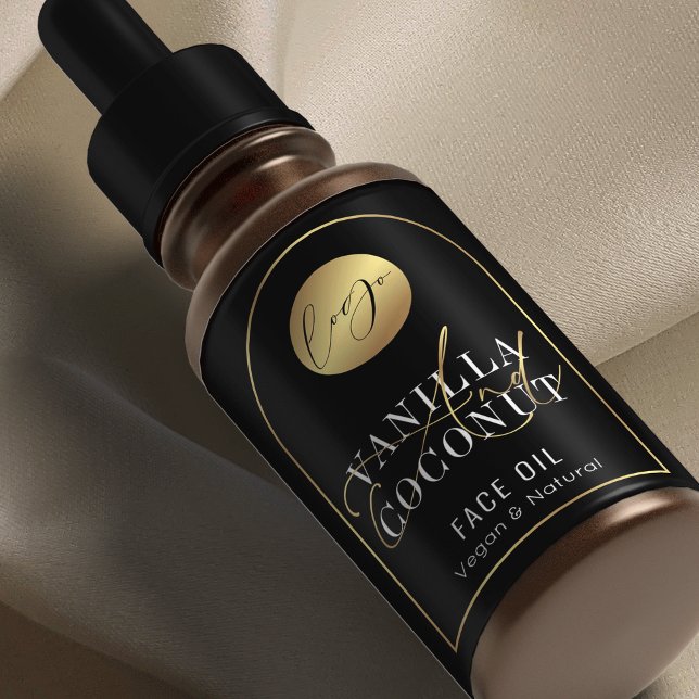 Chic Black & Gold Logo 2 OZ Dropper Bottle Label (Modern black and gold cosmetic bottles wrap around labels with logo and product ingredients)