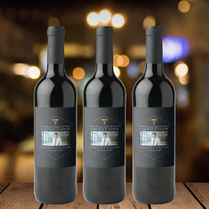 Chic Black Gold Medical School Graduation Photo Wine Label