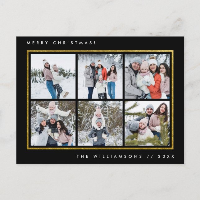 Chic Black & Gold Merry Christmas 6 Family Photos Holiday Postcard (Front)