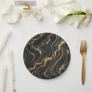 Chic Black & Gold Metallic Marble Look Glamour Paper Plate