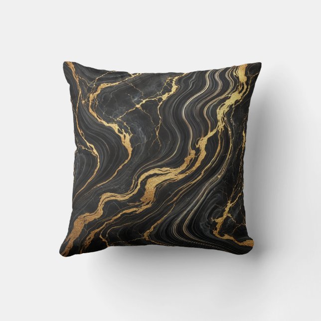 Chic Black & Gold Metallic Marble Look Glamour Throw Pillow (Back)