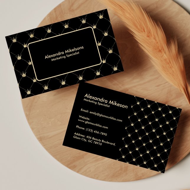 Chic Black Gold Minimal Crown Pattern Business Card (Creator Uploaded)