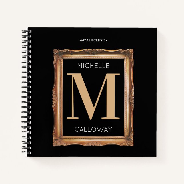 Chic Black & Gold Monogram Checklist Notebook (Front)