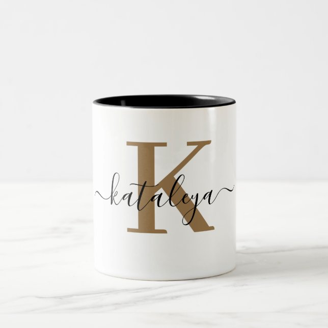 Chic Black Gold Monogram Elegant Script Name Mug (Centre)
