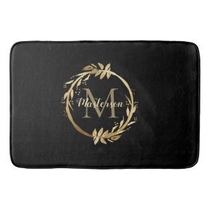 Chic Black Gold Monogram Eucalyptus Wreath Bath Mat