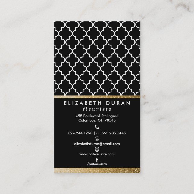 Chic Black Gold Moroccan Tiles Pattern Custom Business Card (Front)