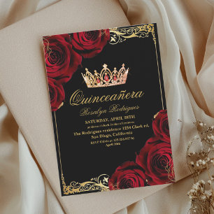 Chic Black Gold Red Rose Photo Quinceanera