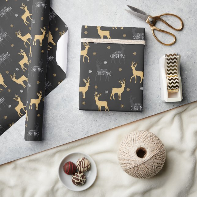 Chic Black Gold Reindeer Merry Christmas Wrapping Paper (Crafts)
